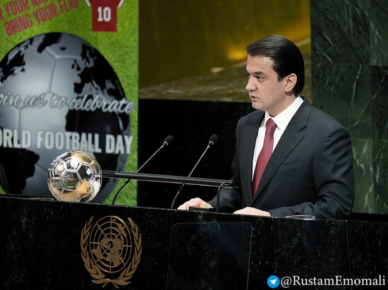 Rustam Emomali took part in the first ceremony of celebrating World Football Day at the UN headquarters