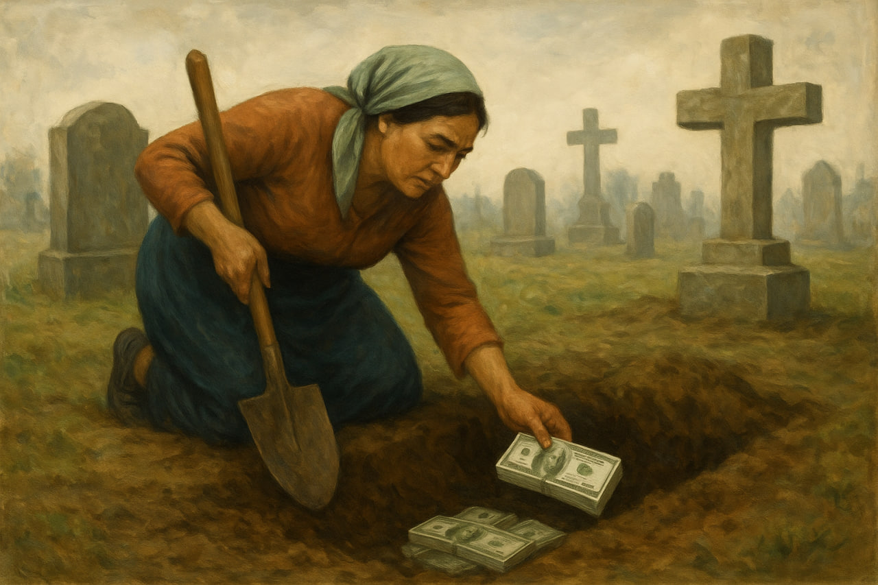 A woman in Kyrgyzstan buried $43,000 in a cemetery on the advice of a fortune teller.