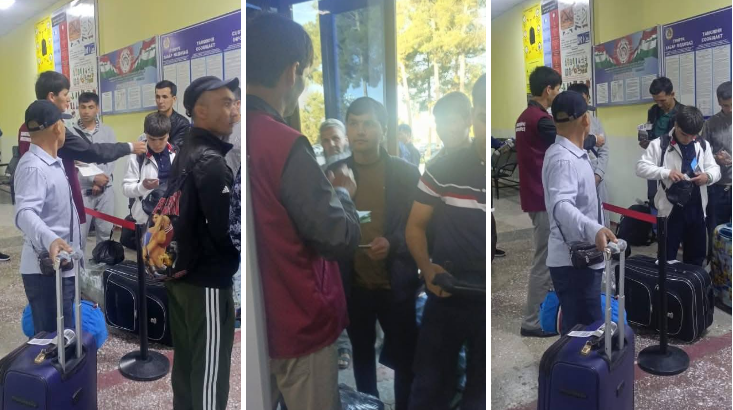 At Bokhtar Airport, citizens are being informed about new entry rules to Russia.