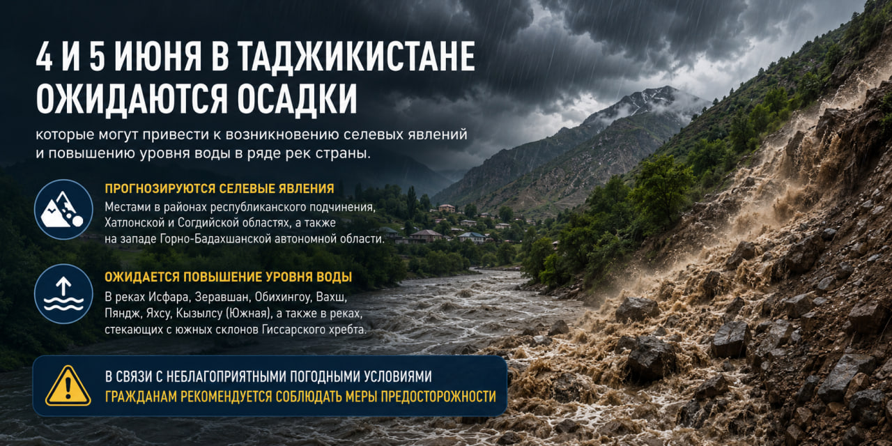 Forecasters warned of mudflows and rising water levels in Tajikistan's rivers on June 4 and 5.