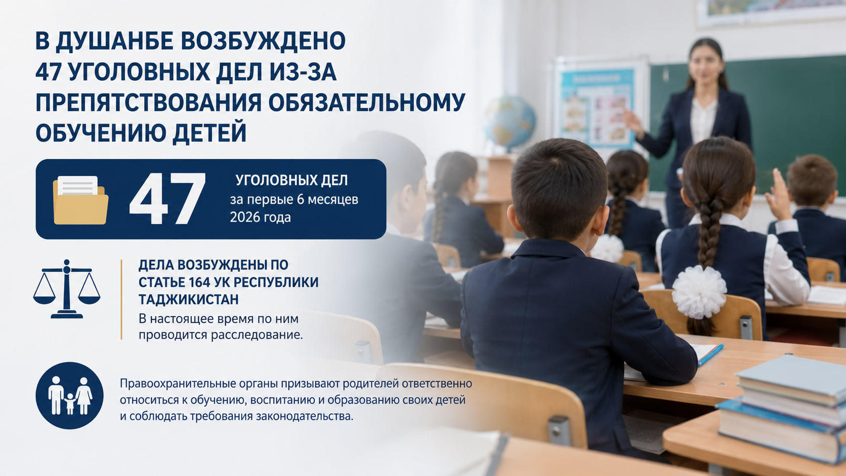 47 criminal cases have been opened in Dushanbe for obstructing compulsory education for children.